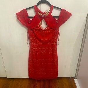 XS Red lace dress. Peekaboo shoulder
